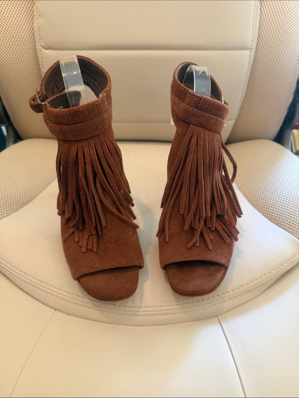 Jessica Simpson Brown Suede Fringe Open-Toe Heels Ankle Strap Coquette Boho